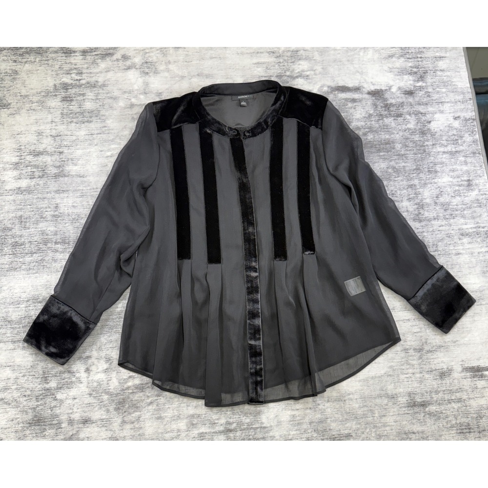 Alfani Womens Black Sheer Chiffon Velvet Trim Pleated Blouse Top Large